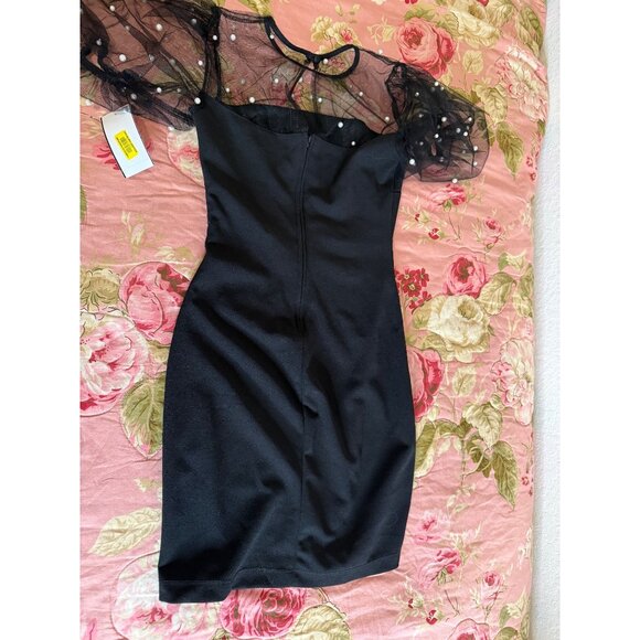 B. Darlin JR Black Skater Dress 3/4 Sheer Pearl Mesh Puff Sleeves Y2k Whimsigoth - Picture 5 of 8